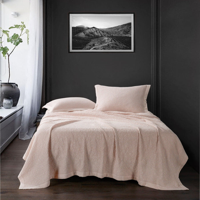 Stonewashed Cotton Waffle Weave - King Coverlet Set (Set of 3) - Blush