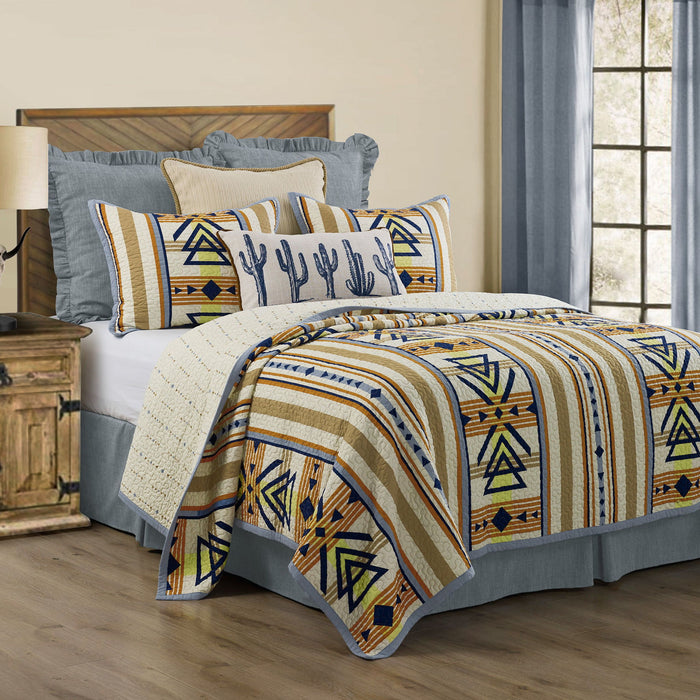 Pontiac - Full/Queen Reversible Quilt Set (Set of 3) - Blue / Tan / Yellow
