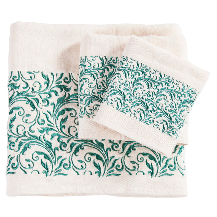 Wyatt - Embroidered Scroll Pattern Towel Set (Set of 3), 2 Per Carton - Cream / Turquoise