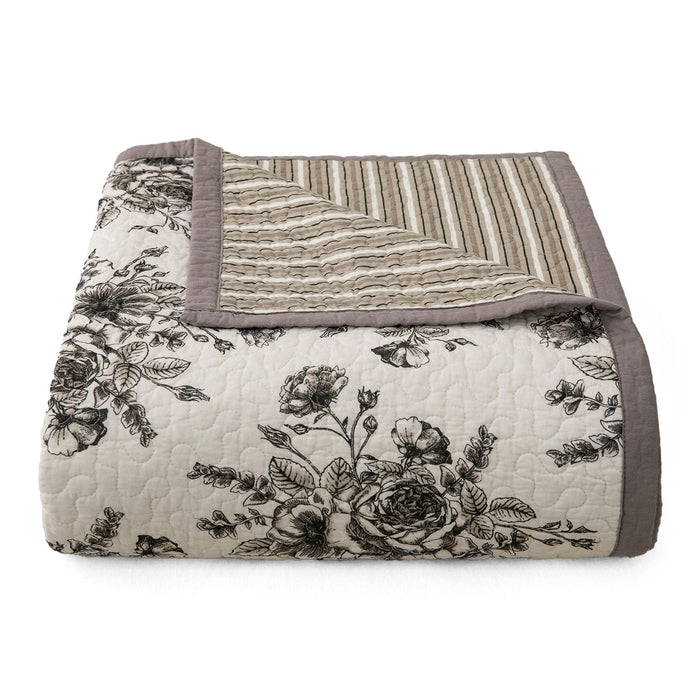Lyla - Twin Reversible Floral Print Quilt Set (Set of 2) - White / Brown