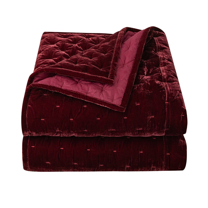 Stella - Twin Faux Silk Velvet Pintuck Quilt - Garnet Red
