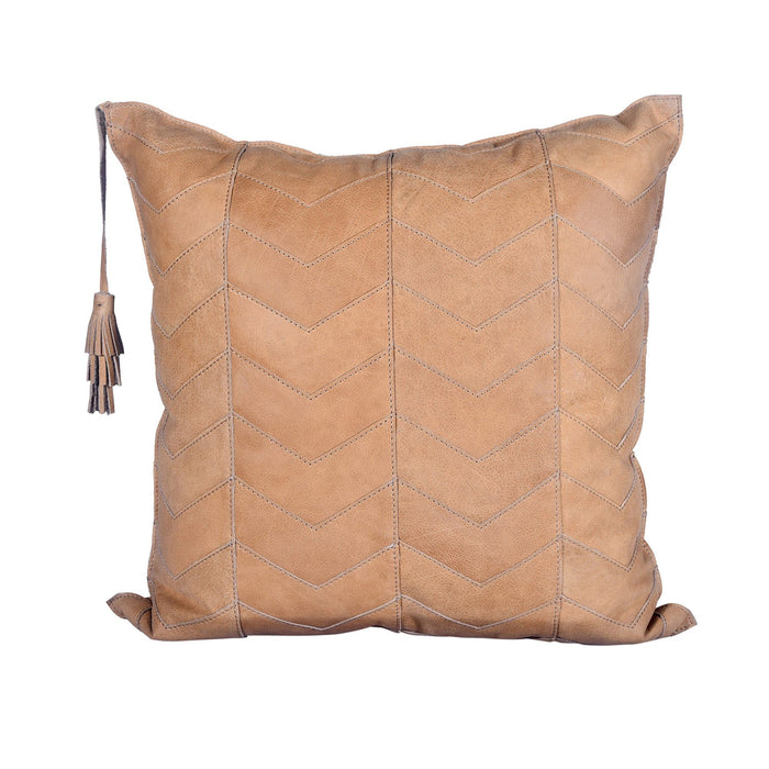 Genuine Leather - Chevron Tasseled Throw Pillow - Tan