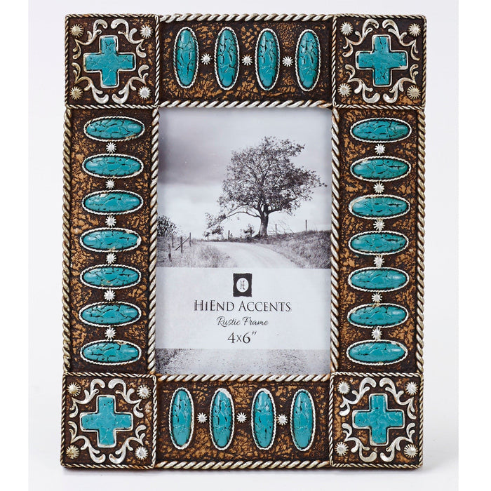 Picture Frame - 4" x 6" Turquoise Stones Cross Picture Frame 4 Per Carton - Turquoise