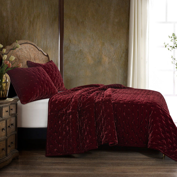 Stella - Twin Faux Silk Velvet Pintuck Quilt - Garnet Red