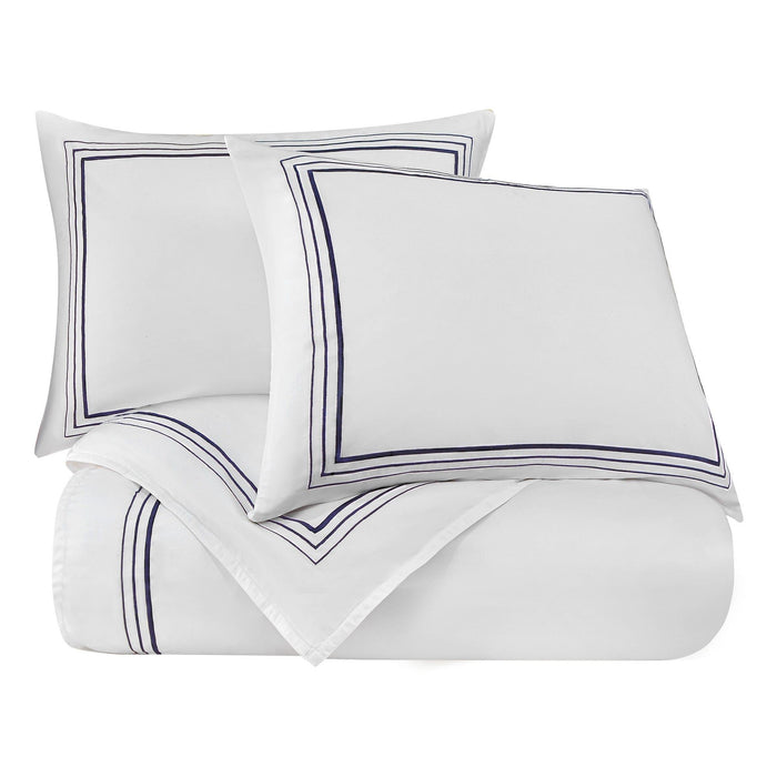 Border Embroidery - Queen Duvet Cover Set (Set of 3) - Navy