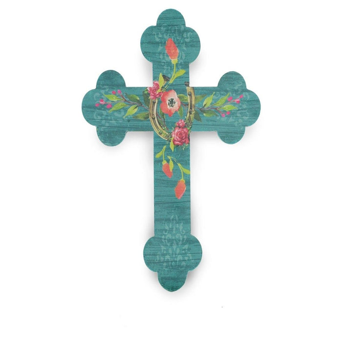 Wall Décor - 19" x 12" Turquoise Floral Horseshoe Cross Wall Décor 4 Per Carton - Turquoise
