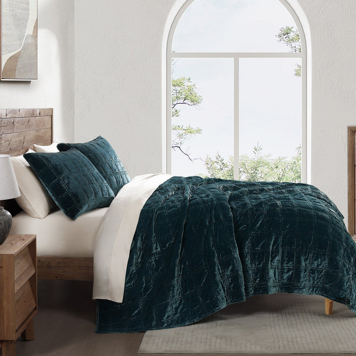 Stella - King Faux Silk Velvet Double Box Stitch Quilt Set (Set of 3) - Storm Blue
