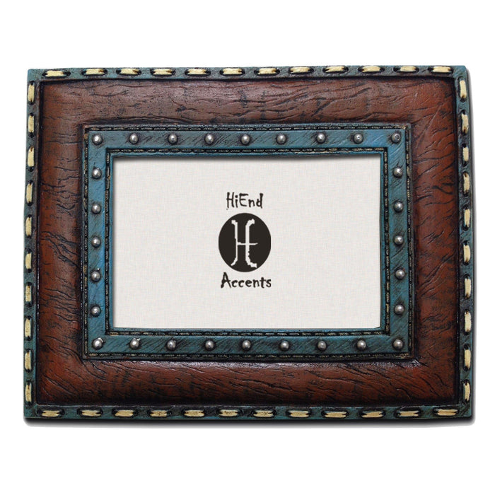 Picture Frame - 4" x 6" Turquoise Edge & Stitched Leather Insert Picture Frame 4 Per Carton - Blue