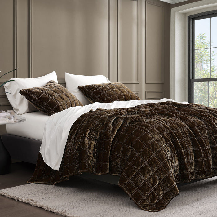 Stella - King Faux Silk Velvet Double Box Stitch Quilt Set (Set of 3) - Green Ochre