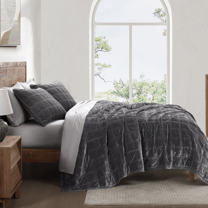 Stella - Full/Queen Faux Silk Velvet Double Box Stitch Quilt Set (Set of 3) - Slate