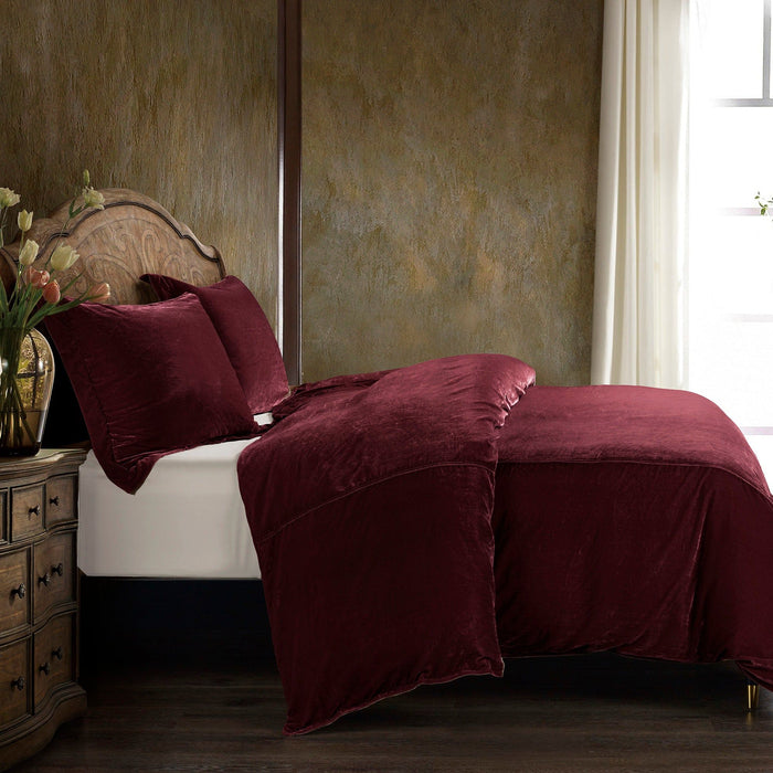 Stella - Queen Faux Silk Velvet Duvet Cover Set (Set of 3) - Garnet Red