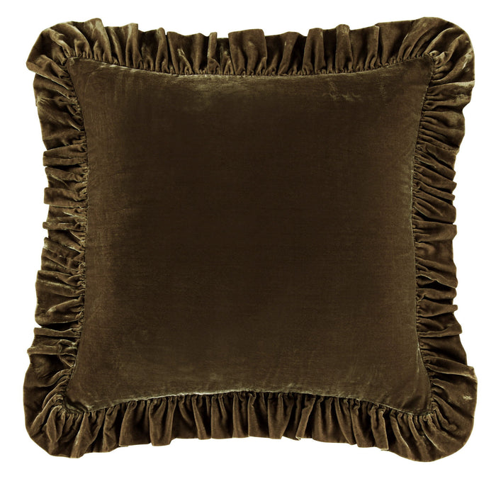 Stella - Faux Silk Velvet Ruffled Euro Sham - Green Ochre