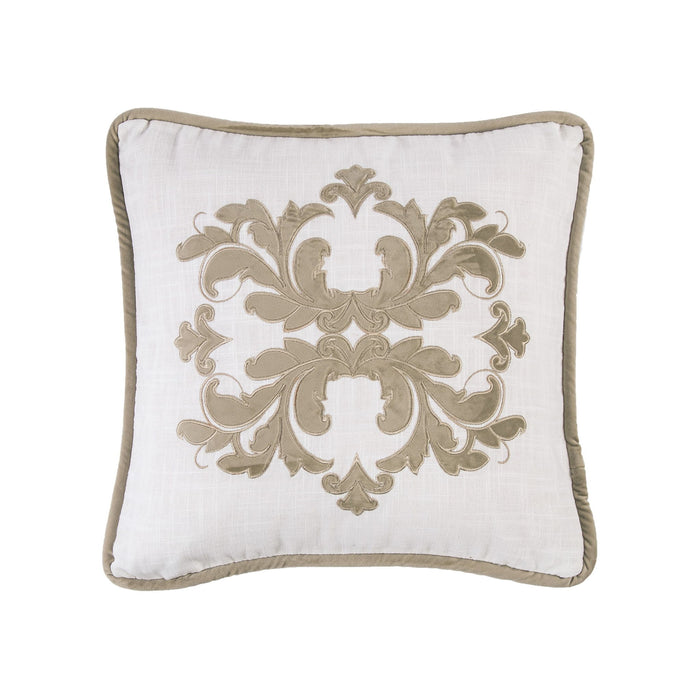 Madison - Velvet Embroidered White Square Pillow - Oatmeal