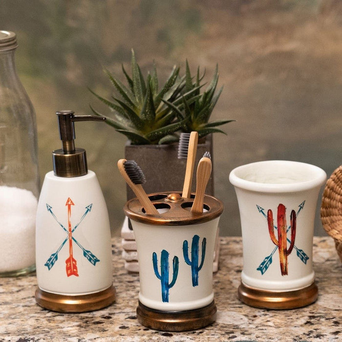 Saguaro Cactus - Cactus Ceramic Countertop Bathroom Set (Set of 3), 4 Per Carton - White / Brown