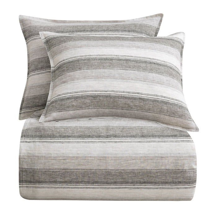 100% French Flax Linen - Queen Variegated Stripe Duvet Cover Set (Set of 3) - Charcoal