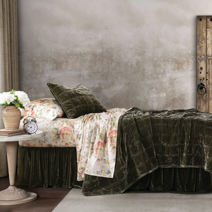 Stella - Full/Queen Faux Silk Velvet Double Box Stitch Quilt Set (Set of 3) - Fern Green
