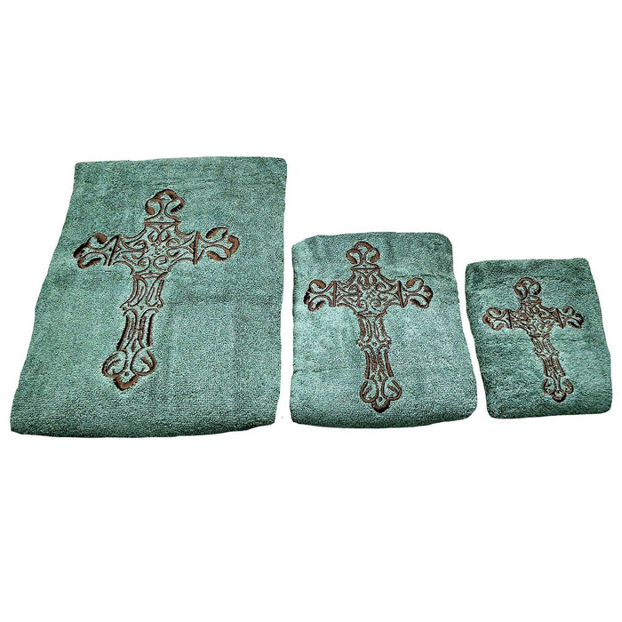 Western Cross - Embroidered Cross Towel Set (Set of 3), 2 Per Carton - Turquoise