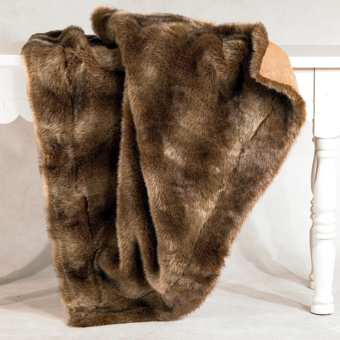 Wolf Fur - Faux Wolf Fur Throw Blanket - Brown