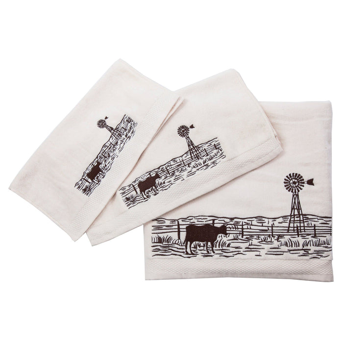 Jasper - Embroidered Windmill Landscape Towel Set (Set of 3), 2 Per Carton - Cream