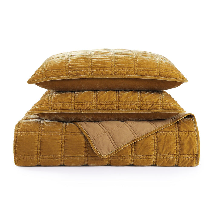 Stella - King Faux Silk Velvet Double Box Stitch Quilt Set (Set of 3) - Saffron