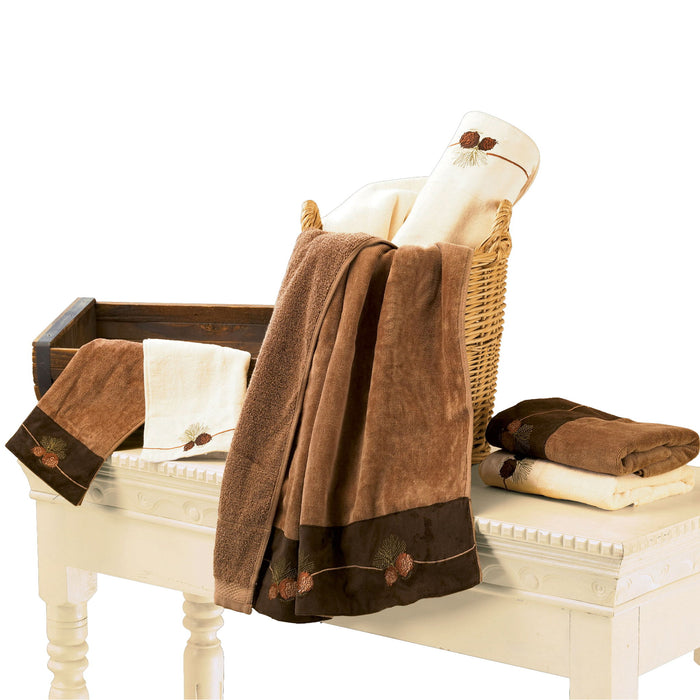 Lodge Pine Cone - Embroidered Pine Cone Towel Set (Set of 3), 2 Per Carton - Mocha