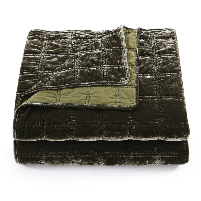 Stella - Full/Queen Faux Silk Velvet Double Box Stitch Quilt Set (Set of 3) - Fern Green