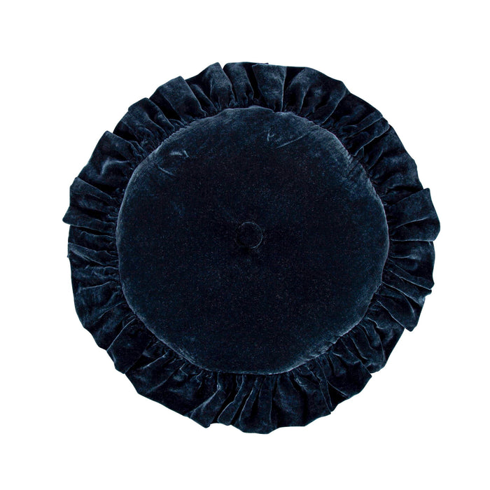 Stella - Faux Silk Velvet Ruffled Round Pillow - Midnight Blue