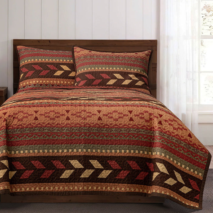 Broken Arrow - Twin Reversible Quilt Set (Set of 2) - Red / Tan / Brown