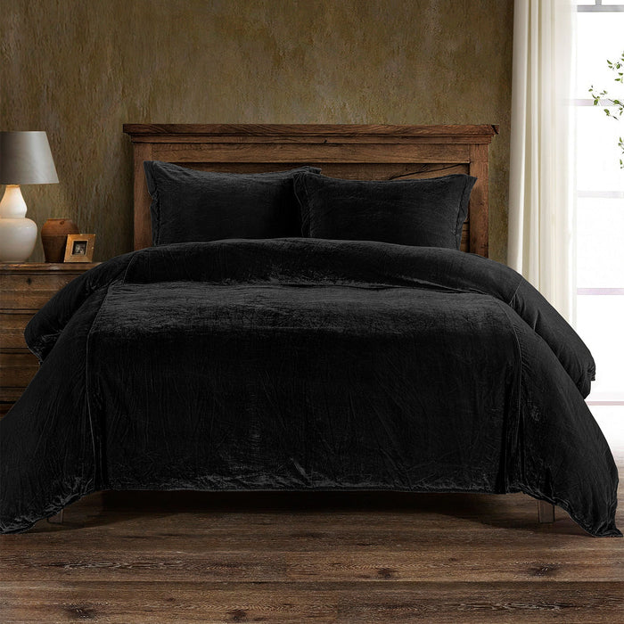 Stella - Queen Faux Silk Velvet Duvet Cover Set (Set of 3) - Black