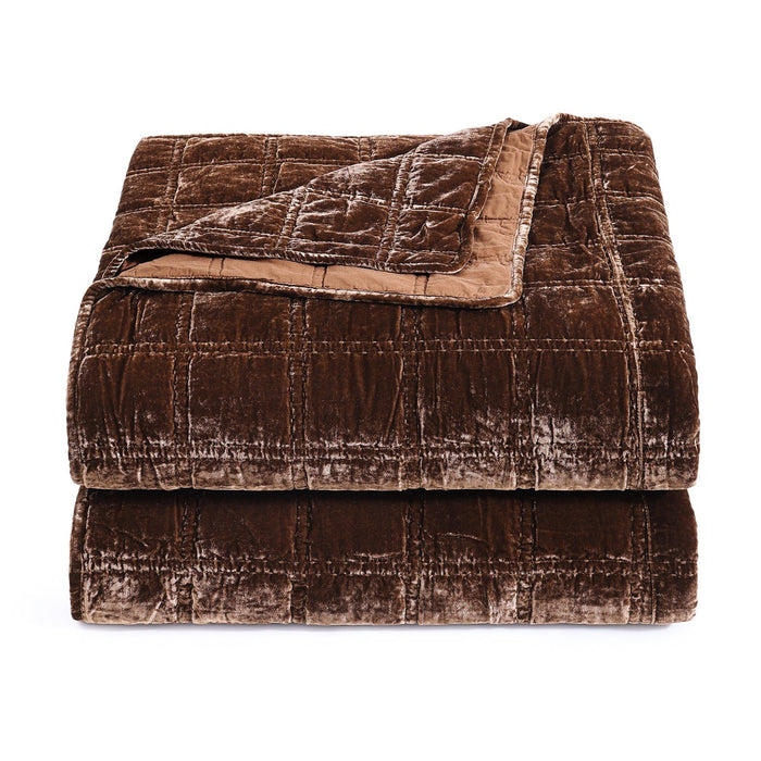 Stella - King Faux Silk Velvet Double Box Stitch Quilt Set (Set of 3) - Copper Brown