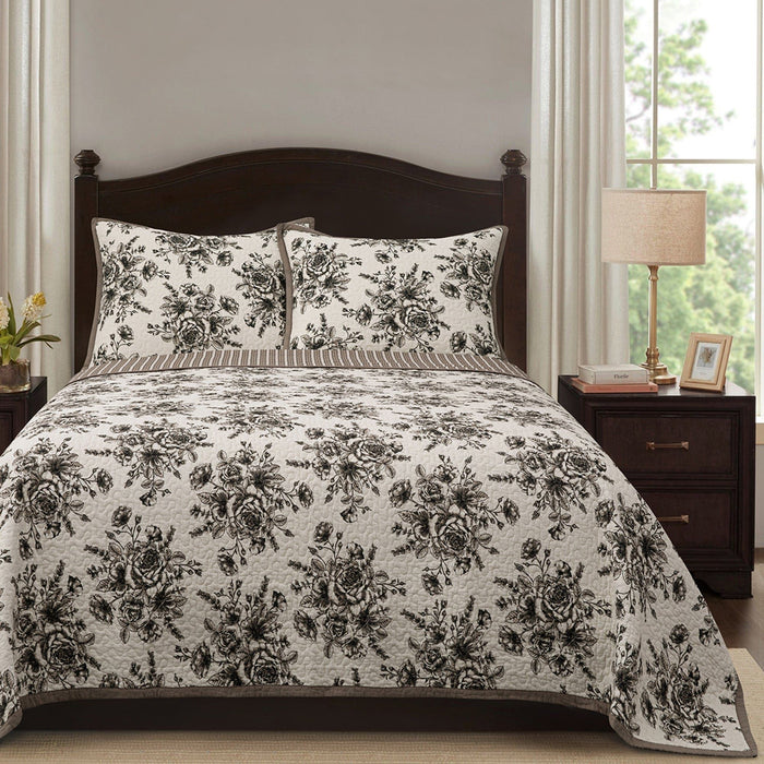 Lyla - Twin Reversible Floral Print Quilt Set (Set of 2) - White / Brown