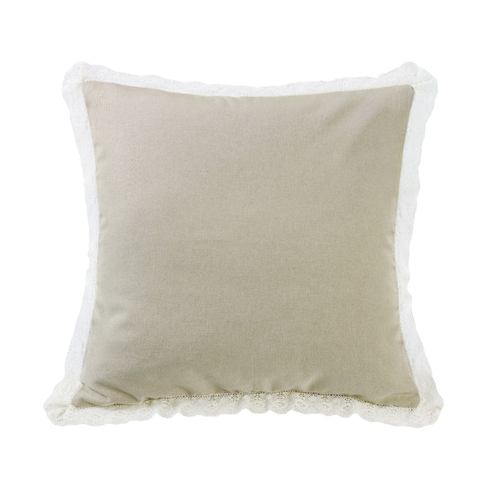 Charlotte - Burlap Lace Trim Square Pillow - Tan / Off-White