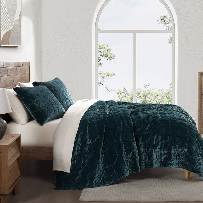 Stella - Full/Queen Faux Silk Velvet Double Box Stitch Quilt Set (Set of 3) - Storm Blue