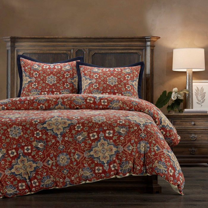 Melinda - Queen Washed Linen Duvet Cover Set (Set of 3) - Red / Navy