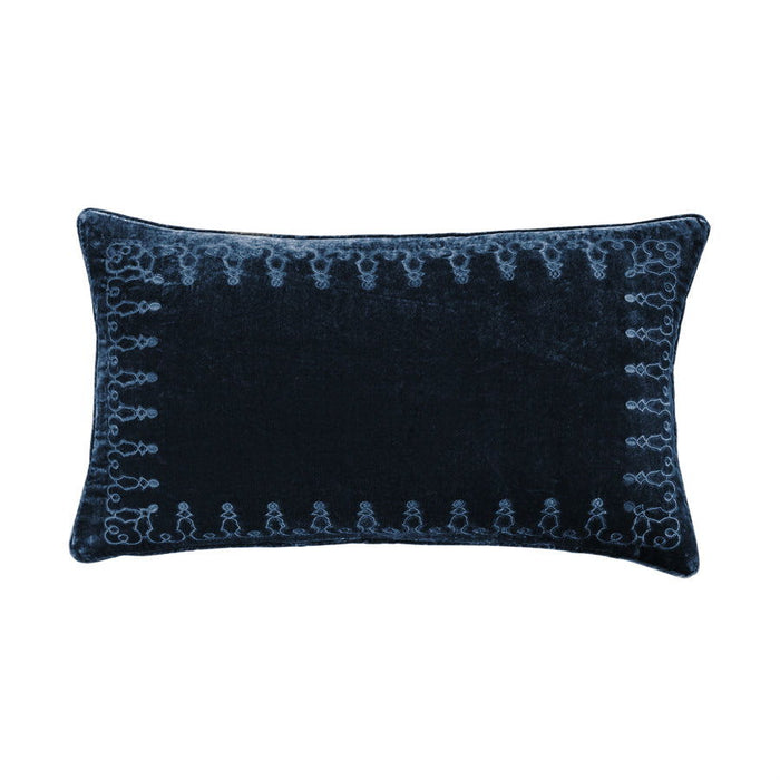 Stella - Faux Silk Velvet Embroidered Lumbar Pillow - Midnight Blue