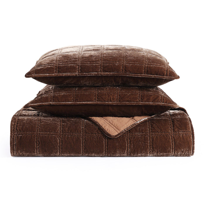 Stella - King Faux Silk Velvet Double Box Stitch Quilt Set (Set of 3) - Copper Brown