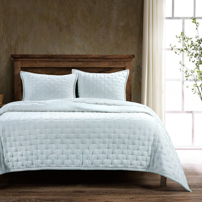 Stella - Twin Faux Silk Velvet Pintuck Quilt - Icy Blue