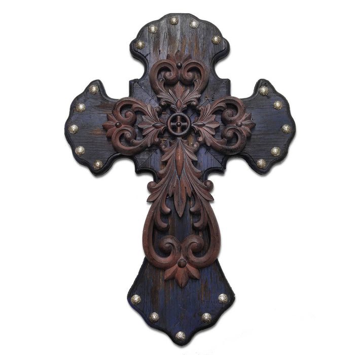 Cross - 22" x 15.5" Metal Overlay Studded Cross Wall Décor 4 Per Carton - Deep Blue
