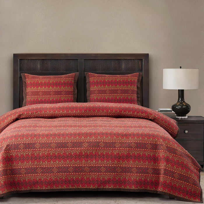 Rushmore - Full/Queen Reversible Quilt Set (Set of 3) - Red / Brown