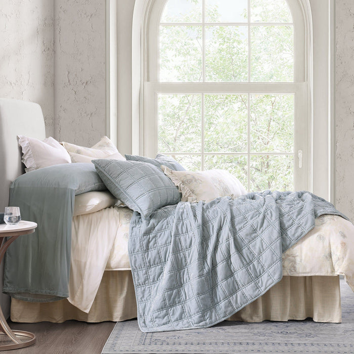 Stella - Full/Queen Faux Silk Velvet Double Box Stitch Quilt Set (Set of 3) - Icy Blue