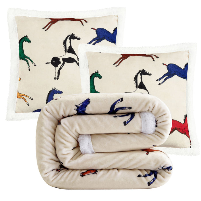 Campfire - Wild Horses Campfire Sherpa Throw Set (Set of 3) - Multi Color