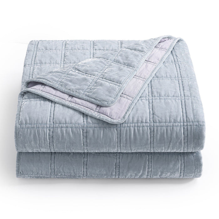 Stella - King Faux Silk Velvet Double Box Stitch Quilt Set (Set of 3) - Icy Blue