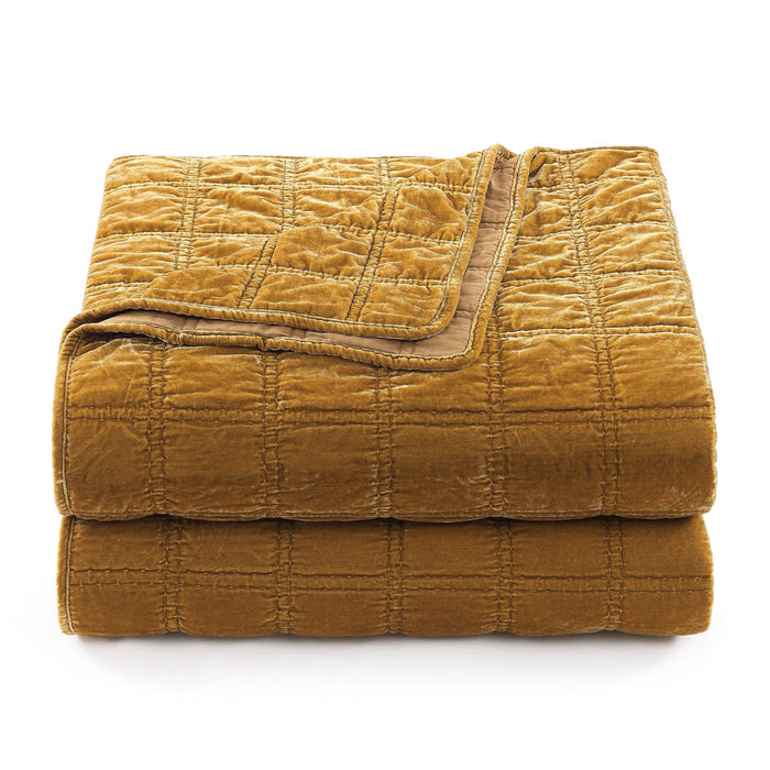 Stella - Full/Queen Faux Silk Velvet Double Box Stitch Quilt Set (Set of 3) - Saffron