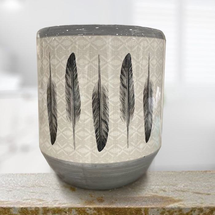 Tossed Feather - Feather Design Ceramic Wastebasket, 2 Per Carton - Cream / Gray