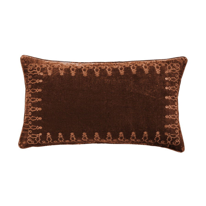 Stella - Faux Silk Velvet Embroidered Lumbar Pillow - Copper Brown