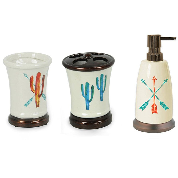 Saguaro Cactus - Cactus Ceramic Countertop Bathroom Set (Set of 3), 4 Per Carton - White / Brown