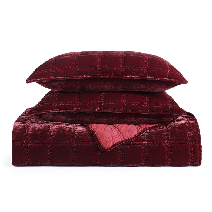 Stella - King Faux Silk Velvet Double Box Stitch Quilt Set (Set of 3) - Garnet Red