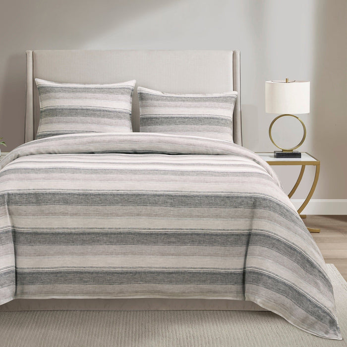 100% French Flax Linen - Queen Variegated Stripe Duvet Cover Set (Set of 3) - Charcoal
