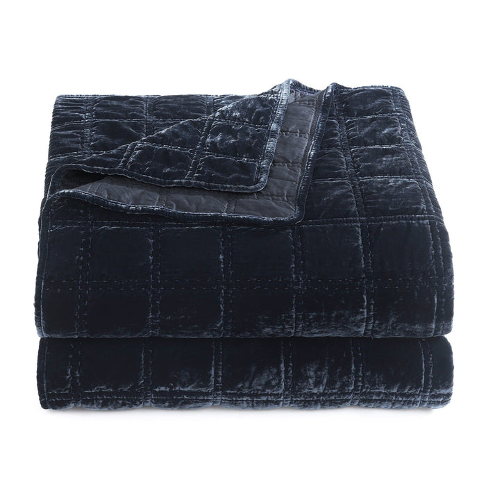 Stella - Full/Queen Faux Silk Velvet Double Box Stitch Quilt Set (Set of 3) - Midnight Blue