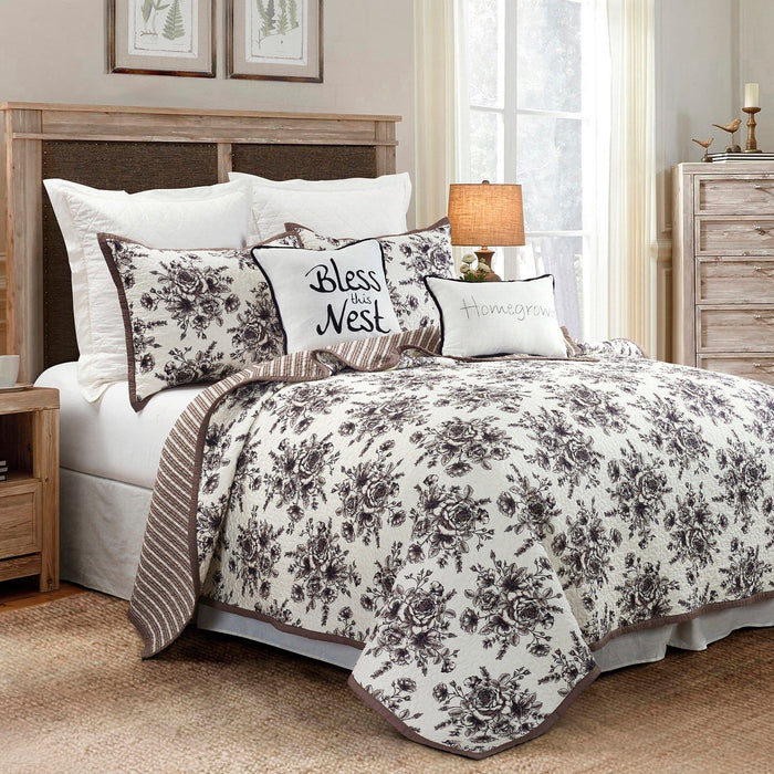 Lyla - King Reversible Floral Print Quilt Set (Set of 3) - White / Brown
